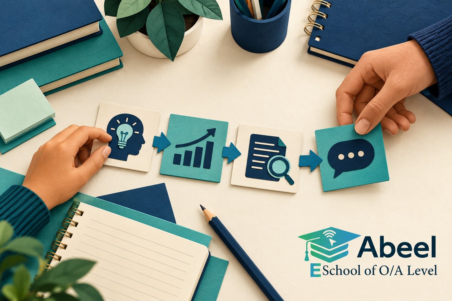 Paper-cut study illustration accompanying Online O and A Level classes in Turbat: Make Every Economic Link Earn the Next Step