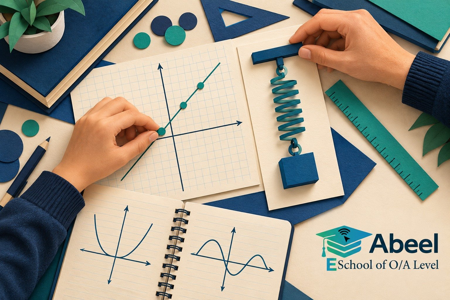 Paper-cut study illustration accompanying Online O and A Level classes in Hub: Check the Same Physics in Three Representations