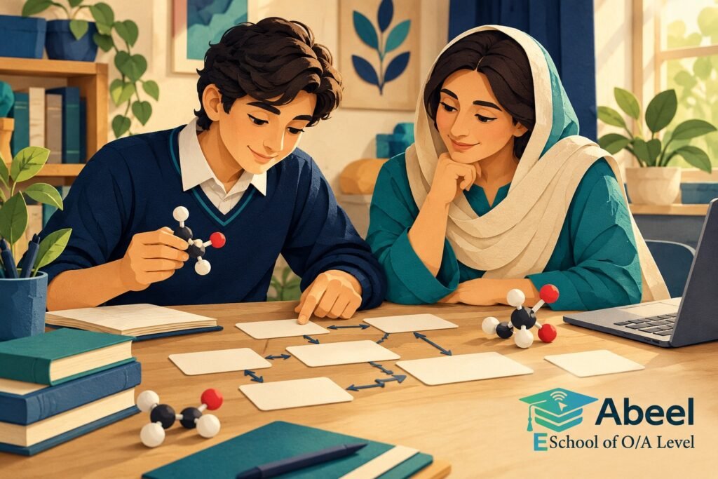 Paper-cut study illustration accompanying Online O and A Level classes in Chaman: Make Each Reaction Arrow State a Transformation