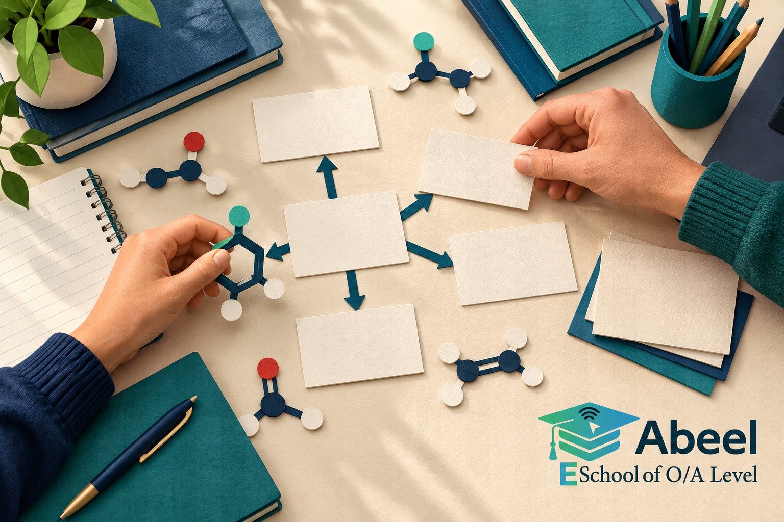 Paper-cut study illustration accompanying Online O and A Level classes in Chaman: Make Each Reaction Arrow State a Transformation