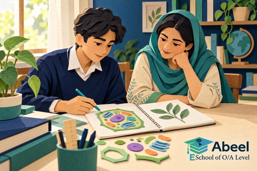Paper-cut study illustration accompanying Online O and A Level classes in Gwadar: Transfer Biological Principles Without Guessing