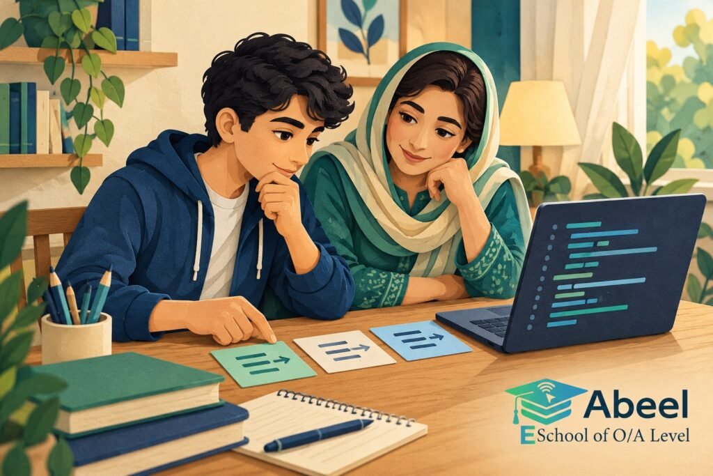 Paper-cut study illustration accompanying Online O and A Level classes in Sibi: Trace State Changes Before Writing the Algorithm