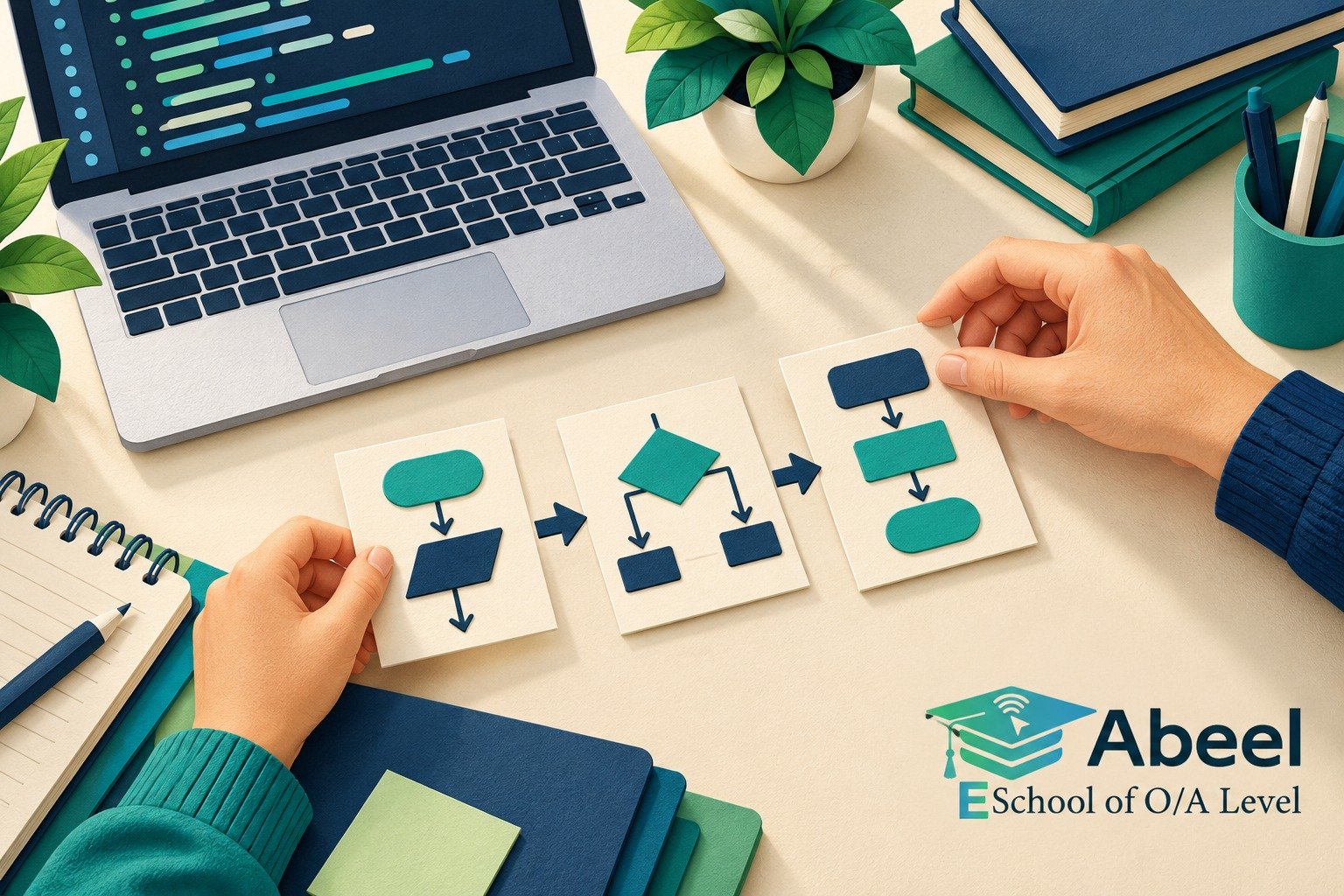 Paper-cut study illustration accompanying Online O and A Level classes in Sibi: Trace State Changes Before Writing the Algorithm
