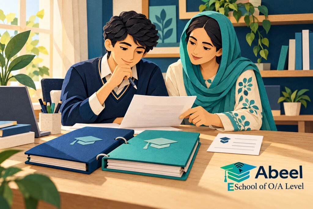 Paper-cut study illustration accompanying Online O and A Level classes in Zhob: Repair an AS Dependency Without Abandoning A2