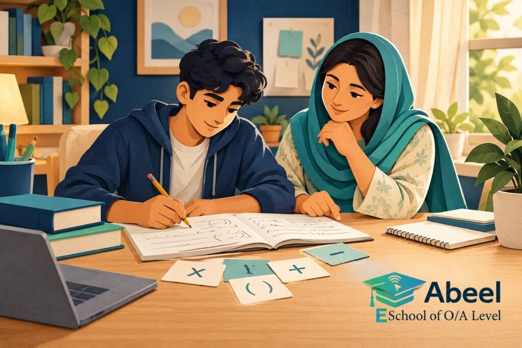 Paper-cut study illustration accompanying Online O and A Level classes in Loralai: Check Algebra Before Increasing the Difficulty