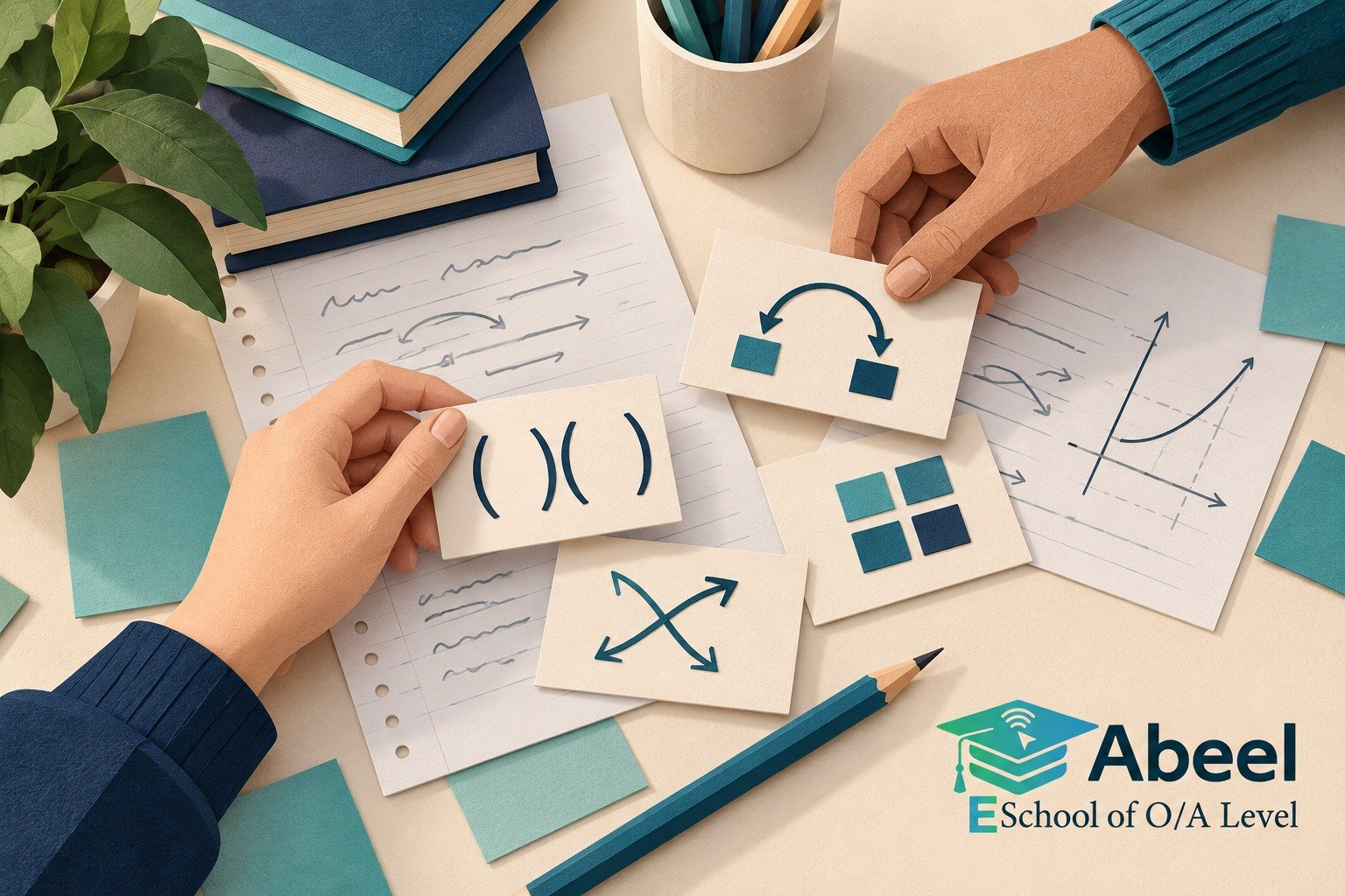 Paper-cut study illustration accompanying Online O and A Level classes in Loralai: Check Algebra Before Increasing the Difficulty