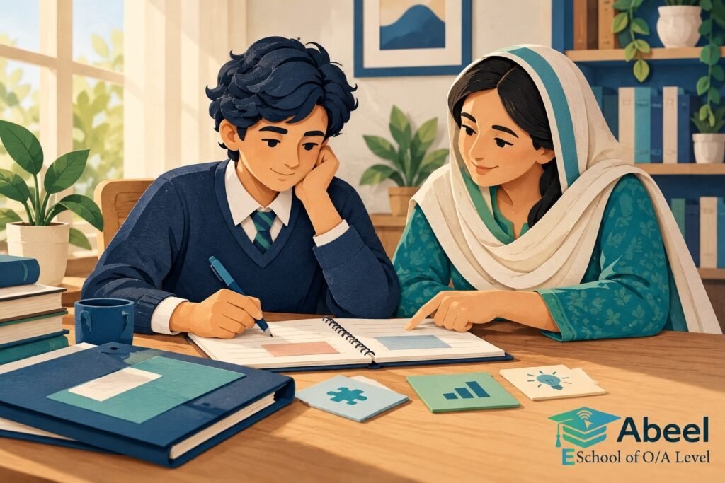 Paper-cut study illustration accompanying Online O and A Level classes in Nushki: Choose a Repair from Evidence of the Gap