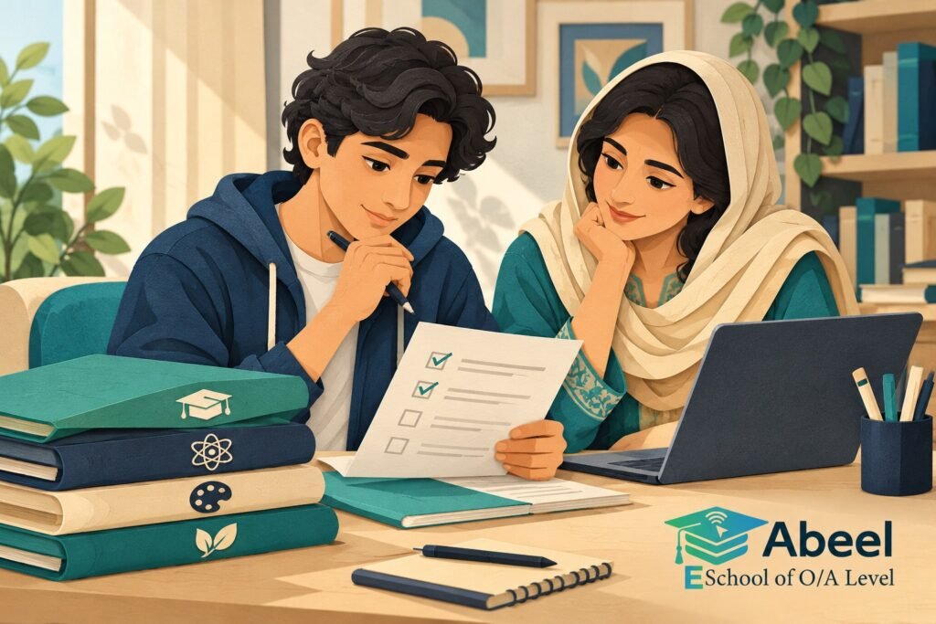 Paper-cut study illustration accompanying Online O and A Level classes in Islamabad: Check the Subject Route Before Enrolling