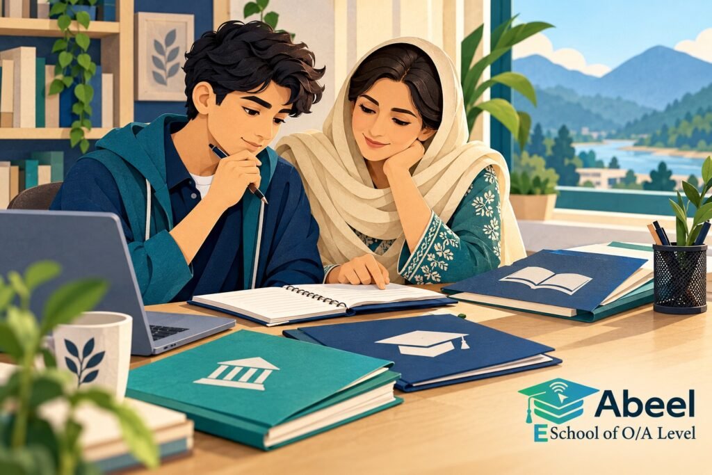 Paper-cut study illustration accompanying Online O and A Level classes in Muzaffarabad: Ask Admissions About the Exact Programme and Intake
