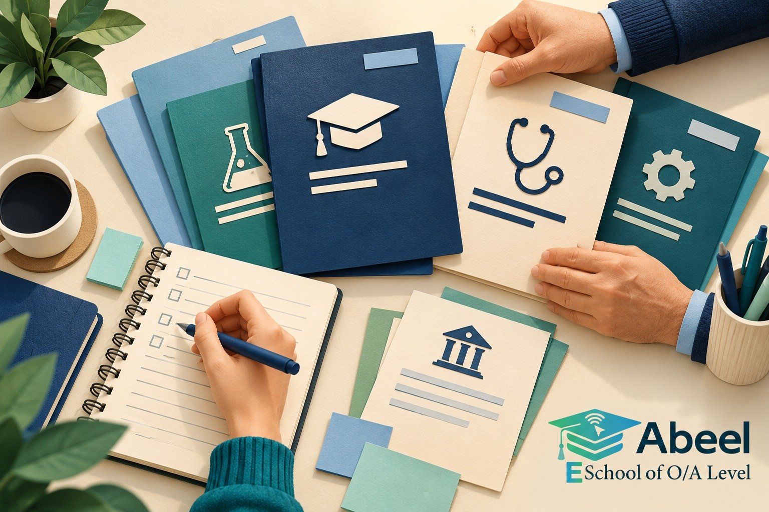 Paper-cut study illustration accompanying Online O and A Level classes in Muzaffarabad: Ask Admissions About the Exact Programme and Intake
