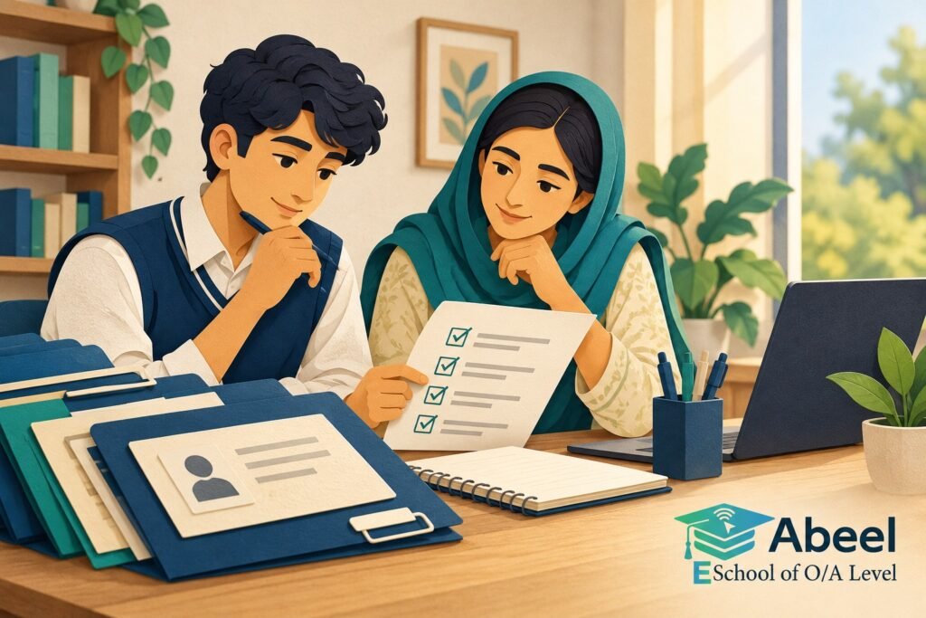 Paper-cut study illustration accompanying Online O and A Level classes in Mirpur: Keep Tuition Enrolment Separate from Exam Entry