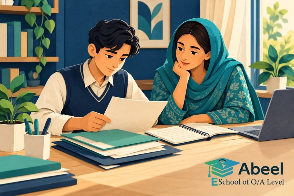 Paper-cut study illustration accompanying Online O and A Level classes in Kotli: Build an Equivalence File Before Making Assumptions