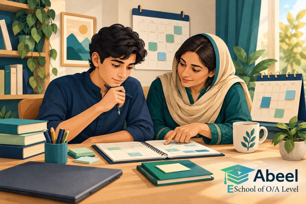 Paper-cut study illustration accompanying Online O and A Level classes in Rawalakot: Choose an Exam Session from Evidence of Readiness