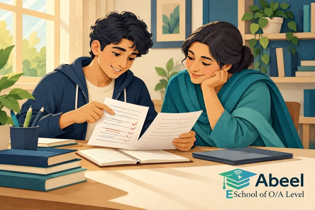 Paper-cut study illustration accompanying Online O and A Level classes in Bagh: Show Evidence in a Weekly Parent Review
