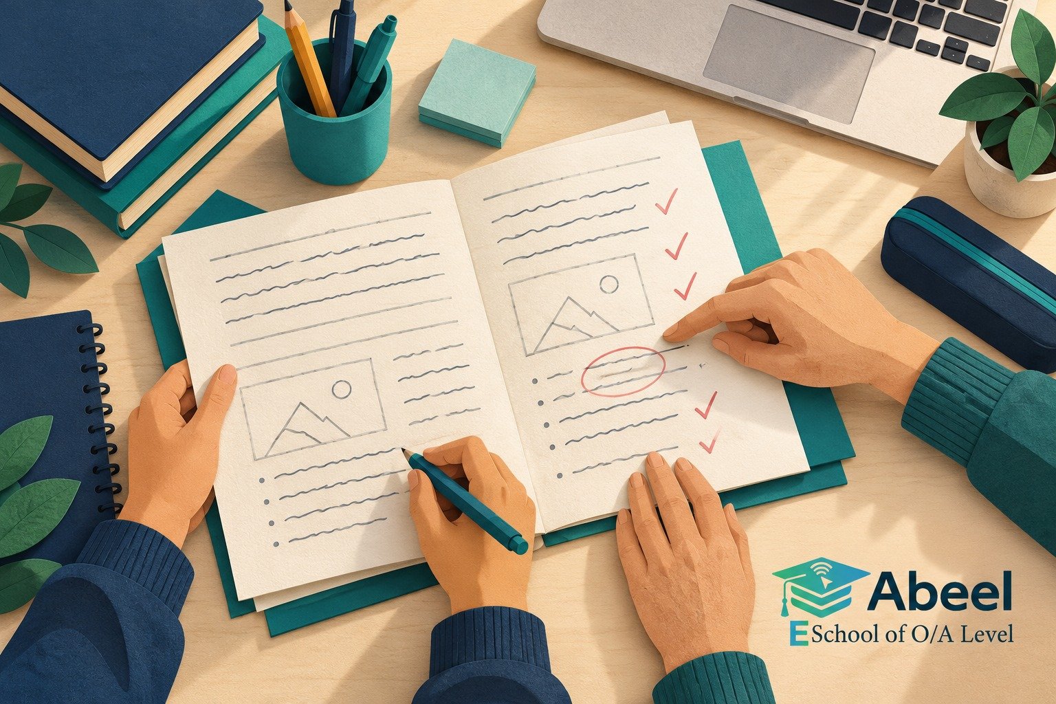 Paper-cut study illustration accompanying Online O and A Level classes in Bagh: Show Evidence in a Weekly Parent Review