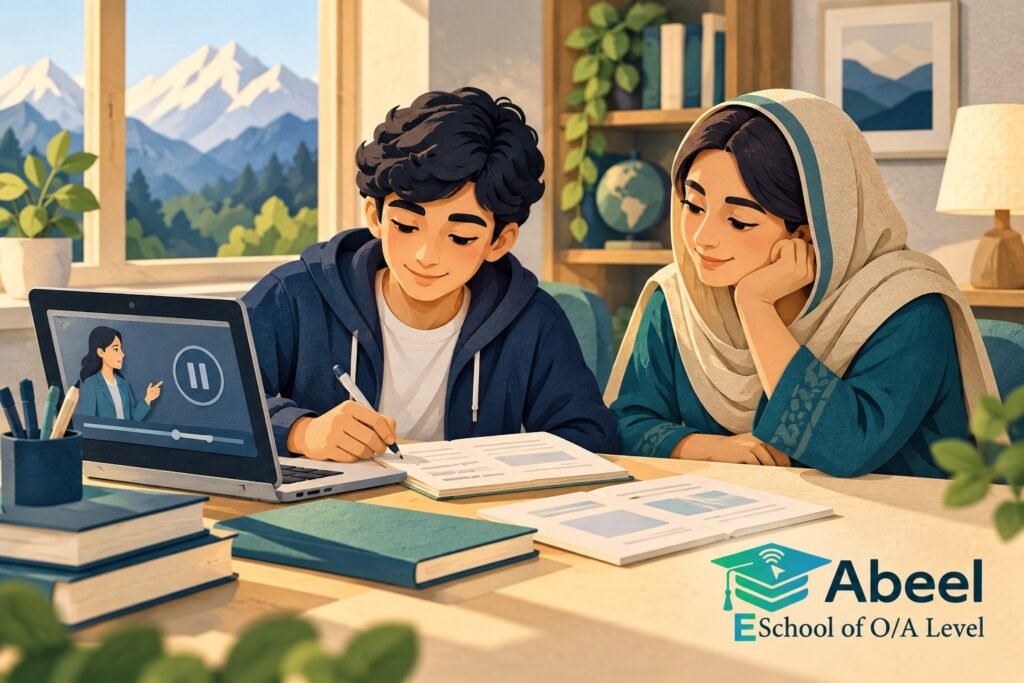 Paper-cut study illustration accompanying Online O and A Level classes in Gilgit: Pause a Recording at the Decision You Need to Learn