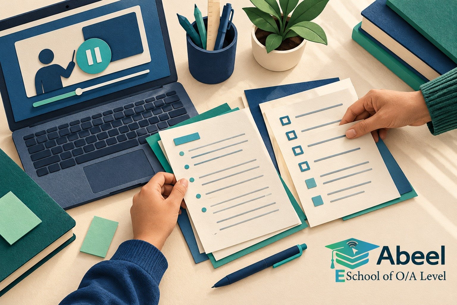 Paper-cut study illustration accompanying Online O and A Level classes in Gilgit: Pause a Recording at the Decision You Need to Learn