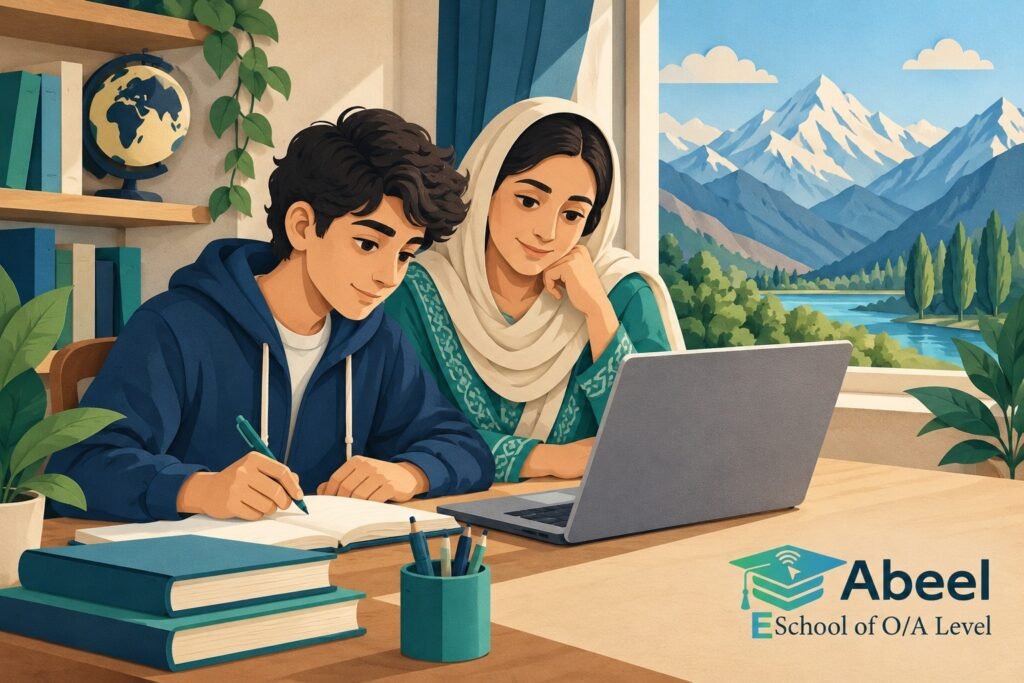 Paper-cut study illustration accompanying Online O and A Level classes in Skardu: Use a Demo Lesson to Test a Learning Process
