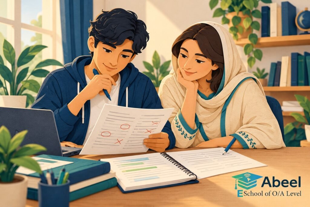 Paper-cut study illustration accompanying Online O and A Level classes in Chilas: Change the Resit Method from the Error Evidence