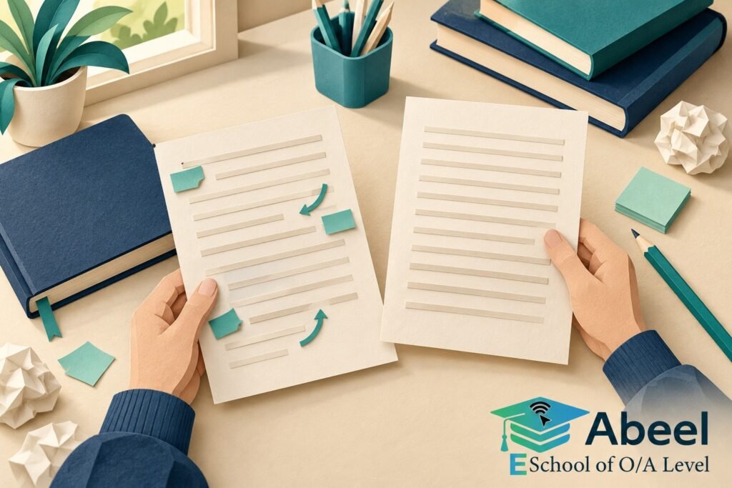 Paper-cut study illustration accompanying Karachi English Revision: Compare Two Drafts Using the Same Task