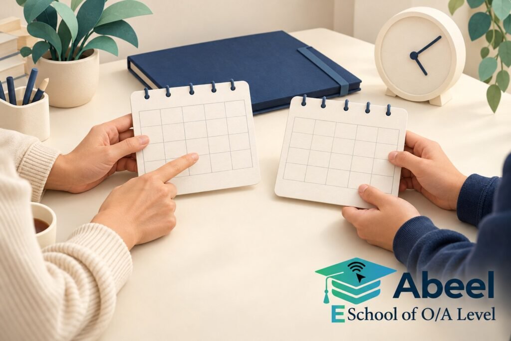 Paper-cut study illustration accompanying Karachi Parents: Read a Course Access Period Against the Exam Plan