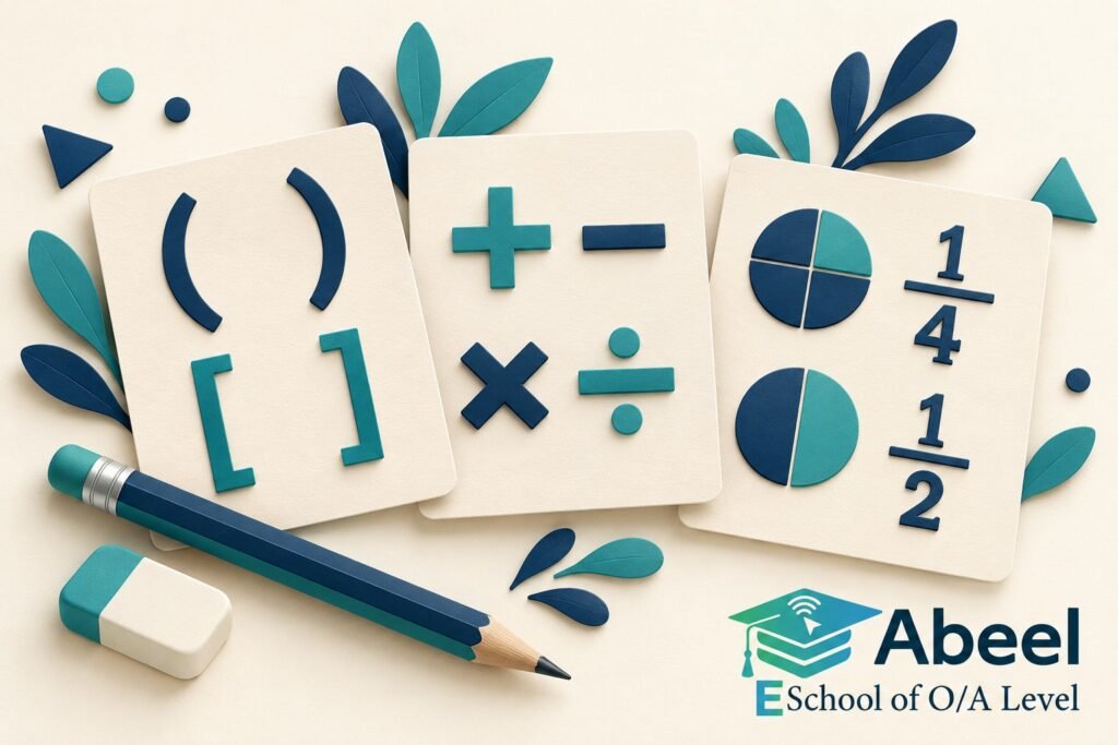 Paper-cut study illustration accompanying Tando Adam Student Practice Plan: Three Algebra Checks for Signs, Brackets and Fractions