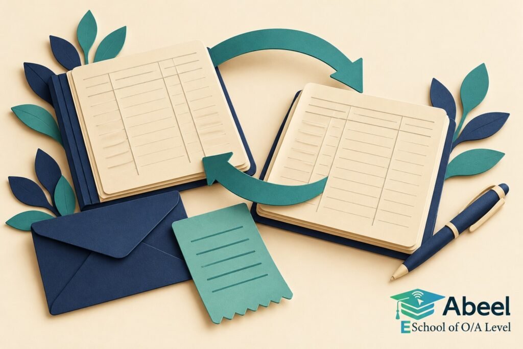 Paper-cut study illustration accompanying Gujrat Accounting Practice: Separate Cash-Book Updates from Reconciliation Items