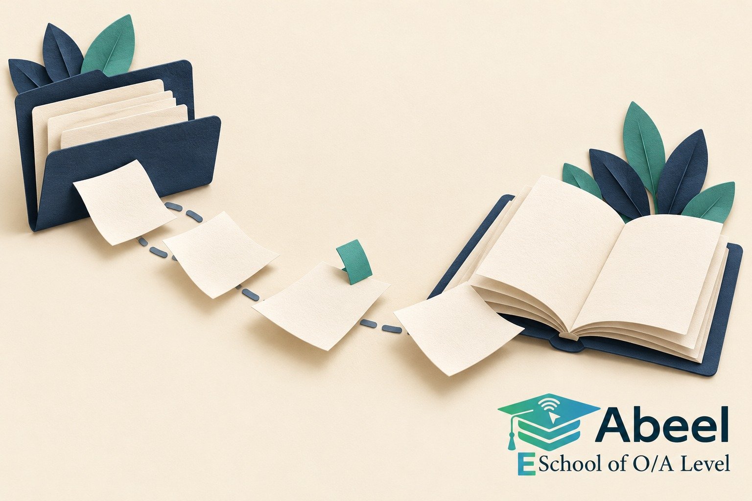 Paper-cut study illustration accompanying Sadiqabad AS-to-A2 Accounting: Change the Way You Review a Question