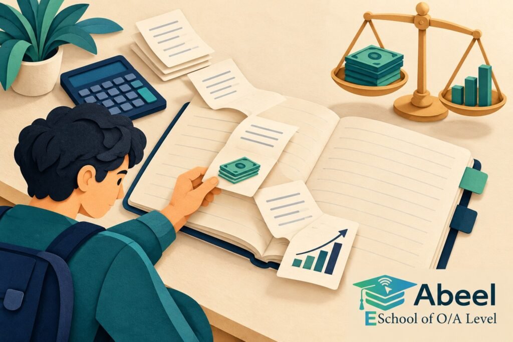 Paper-cut study illustration accompanying Muzaffargarh Accounting Practice: Reconcile a Simple Profit Figure with Cash Movement