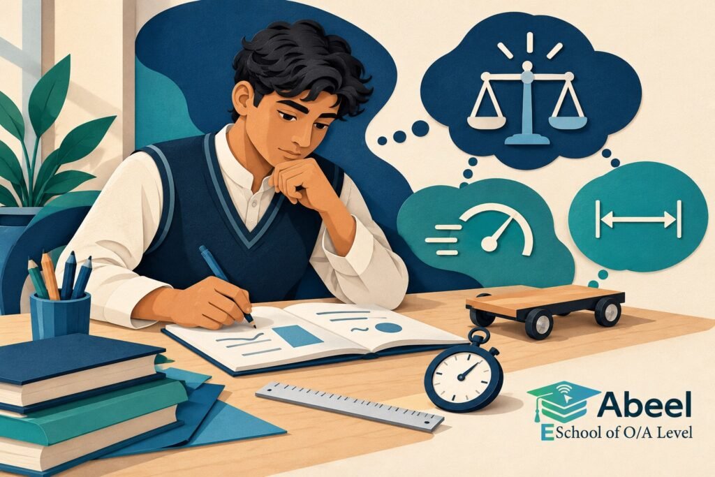 Paper-cut study illustration accompanying O Level Physics equations in Gojra: Choose an Equation from the Physical Situation