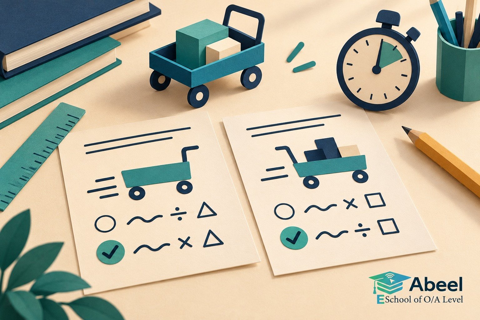Paper-cut study illustration accompanying O Level Physics equations in Gojra: Choose an Equation from the Physical Situation