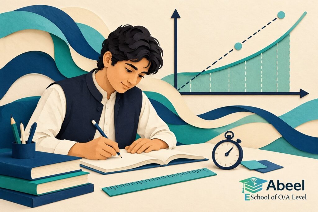 Paper-cut study illustration accompanying Physics graph practice in Samundri: Read the Axes Before Interpreting the Line