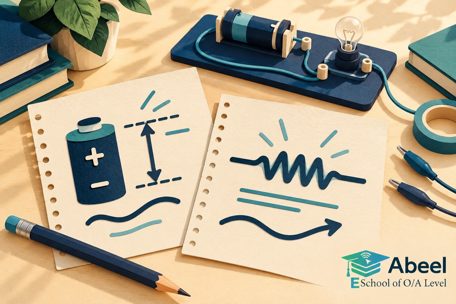 Paper-cut study illustration accompanying Electric circuit practice in Wazirabad: Keep Circuit Quantities Separate