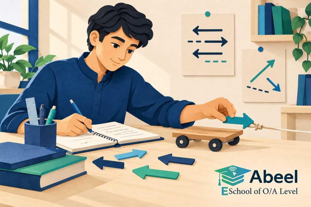 Paper-cut study illustration accompanying Forces and motion practice in Talagang: Find the Resultant Before Calculating Acceleration