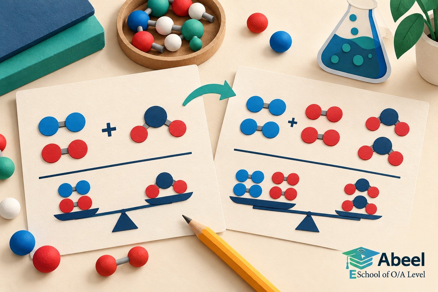 Paper-cut study illustration accompanying Balancing chemical equations in Peshawar: Balance Coefficients Without Changing Formulas
