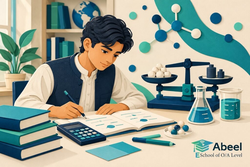 Paper-cut study illustration accompanying Chemistry mole calculations in Mardan: Label Every Step from Mass to Amount