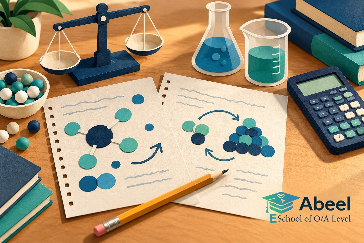 Paper-cut study illustration accompanying Chemistry mole calculations in Mardan: Label Every Step from Mass to Amount