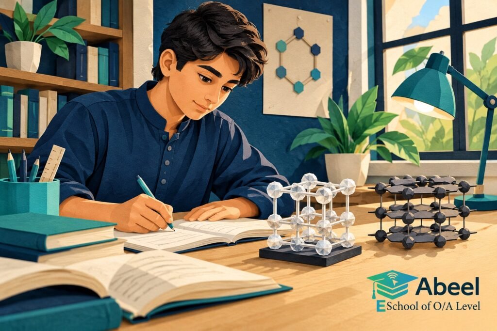 Paper-cut study illustration accompanying Chemical bonding practice in Mingora: Connect Structure to Forces and Charge Carriers