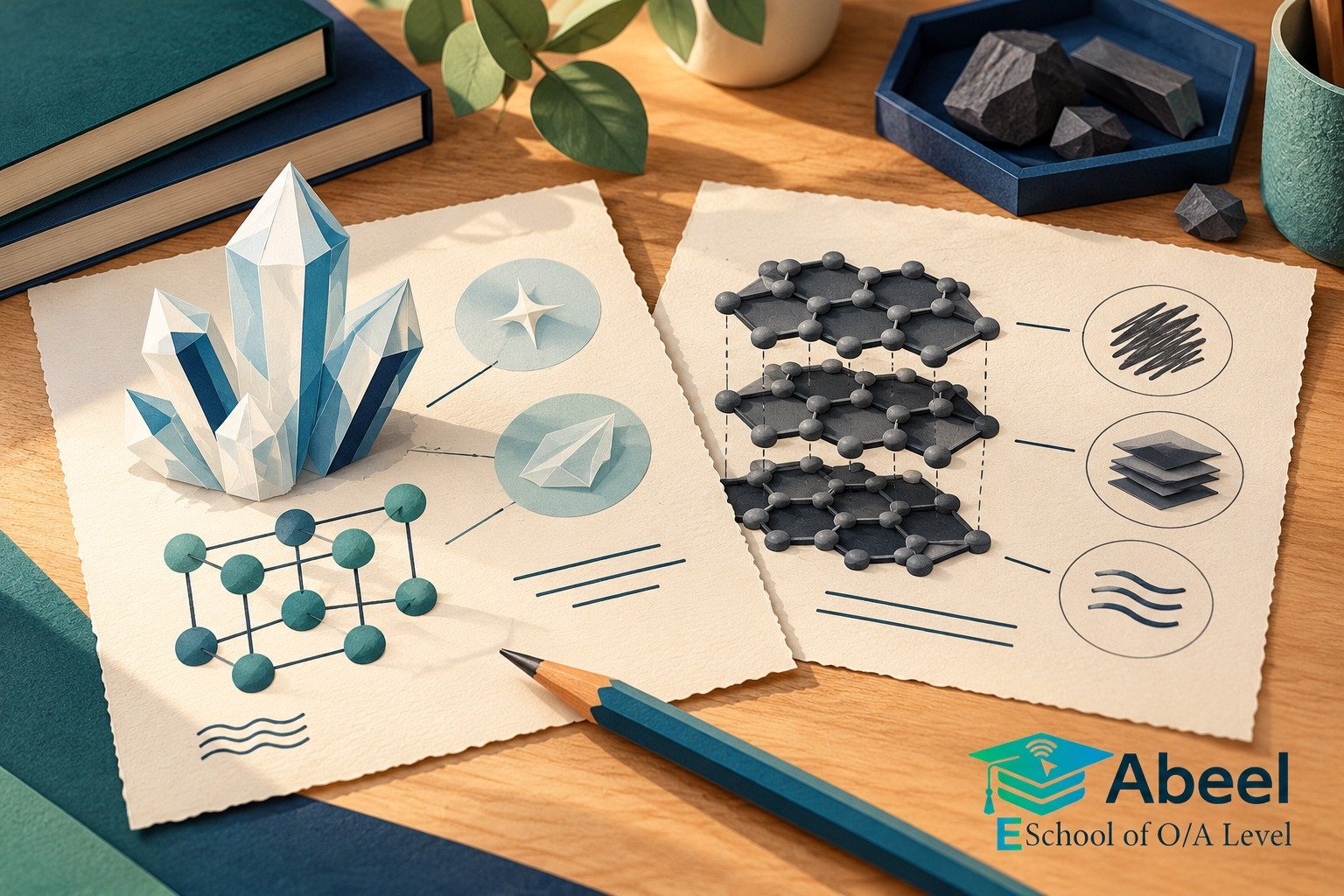 Paper-cut study illustration accompanying Chemical bonding practice in Mingora: Connect Structure to Forces and Charge Carriers