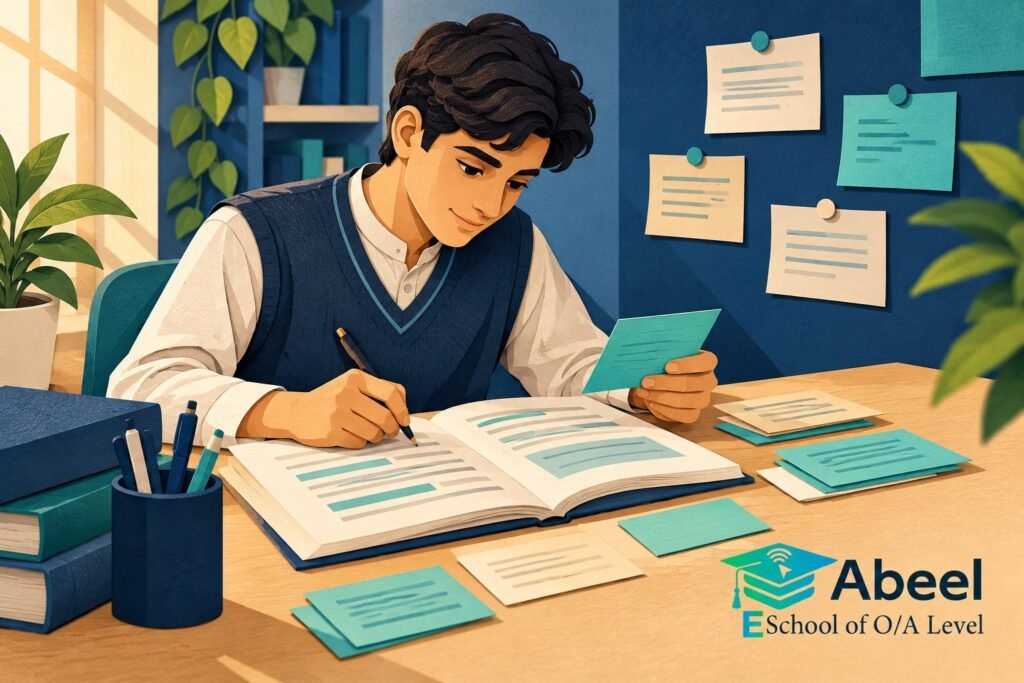 Paper-cut study illustration accompanying Summary writing practice in Swabi: Select Relevant Ideas Before Shortening Sentences