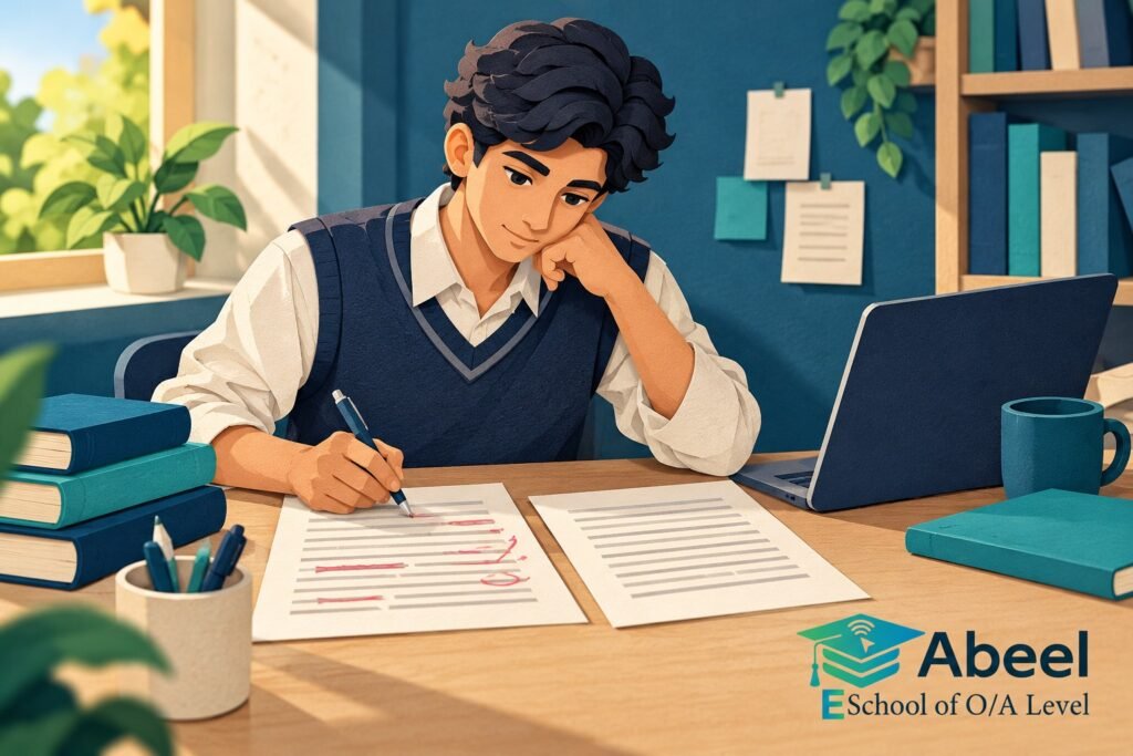 Paper-cut study illustration accompanying English editing practice in Charsadda: Justify Each Edit by Its Effect on the Reader