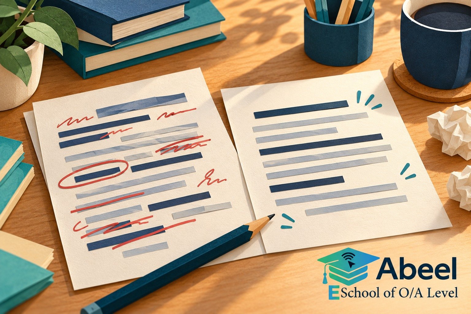 Paper-cut study illustration accompanying English editing practice in Charsadda: Justify Each Edit by Its Effect on the Reader