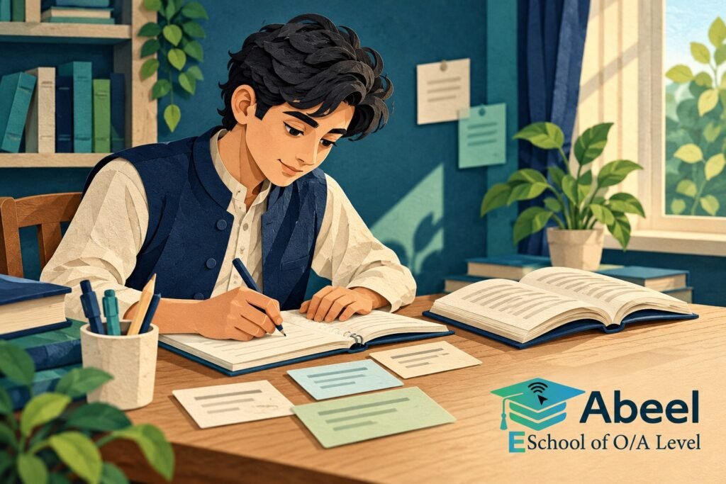 Paper-cut study illustration accompanying Urdu vocabulary practice in Bannu: Turn Vocabulary Recall into Sentence Use