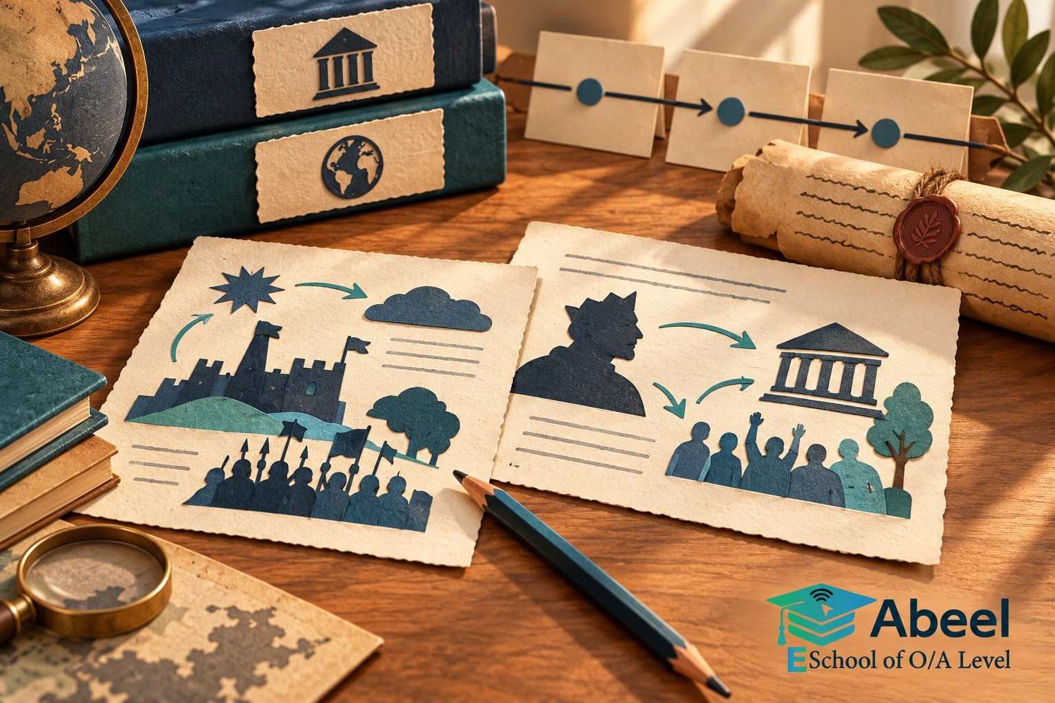 Paper-cut study illustration accompanying Pakistan Studies History practice in Haripur: Explain a Cause Beyond the Sequence of Events