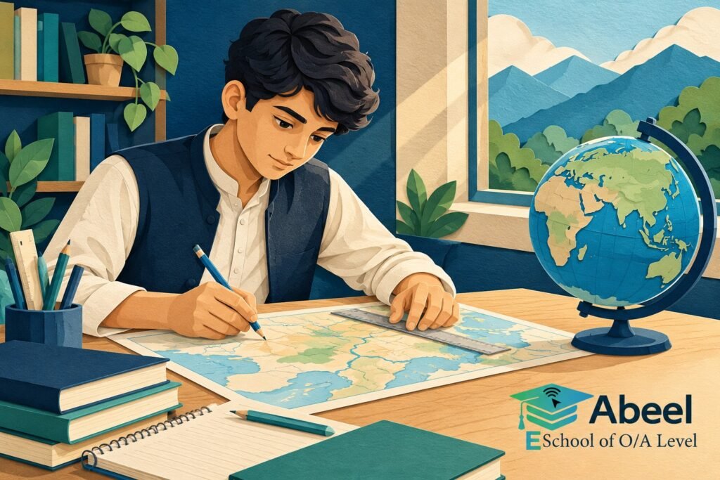 Paper-cut study illustration accompanying Pakistan Studies Geography practice in Timergara: Read the Resource Before Explaining the Pattern