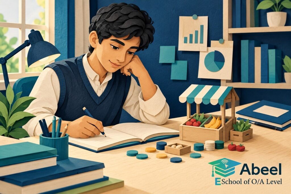Paper-cut study illustration accompanying O Level Economics diagrams in Batkhela: Make the Diagram and Written Chain Agree