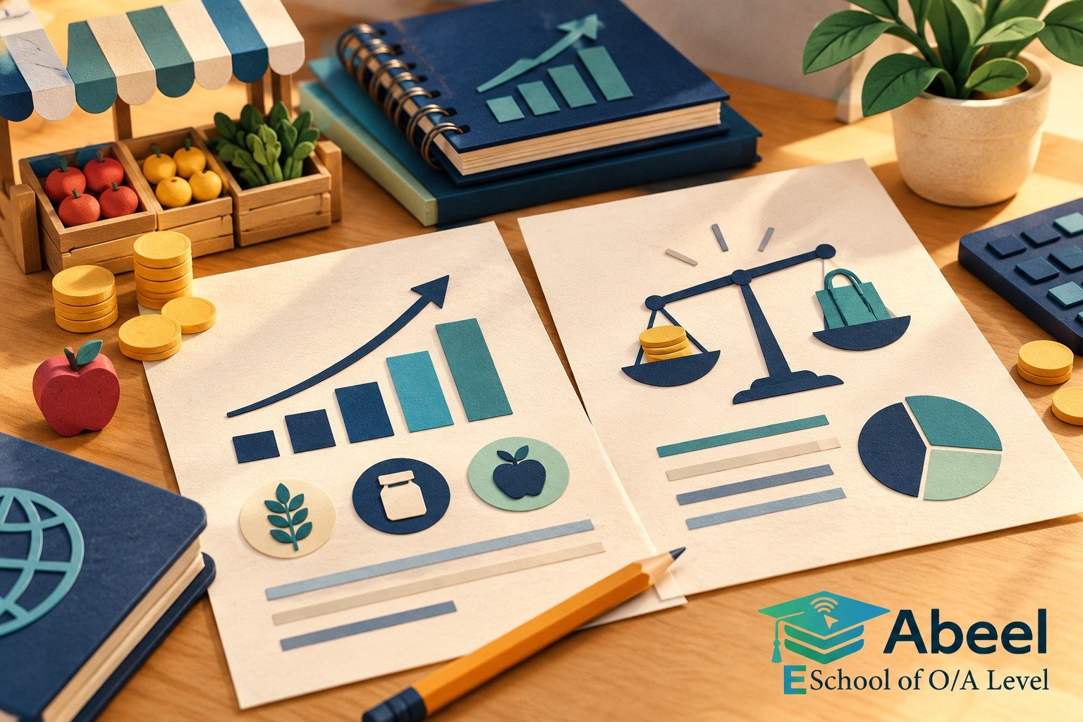 Paper-cut study illustration accompanying O Level Economics diagrams in Batkhela: Make the Diagram and Written Chain Agree