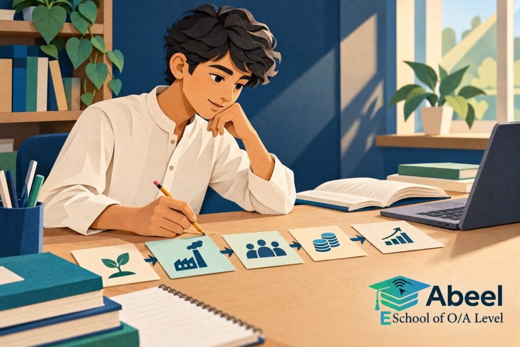 Paper-cut study illustration accompanying A Level Economics analysis in Turbat: Make Every Economic Link Earn the Next Step