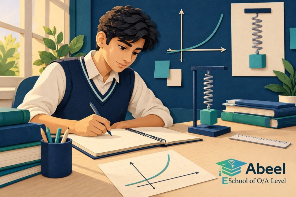 Paper-cut study illustration accompanying A Level Physics graphs and algebra in Hub: Check the Same Physics in Three Representations