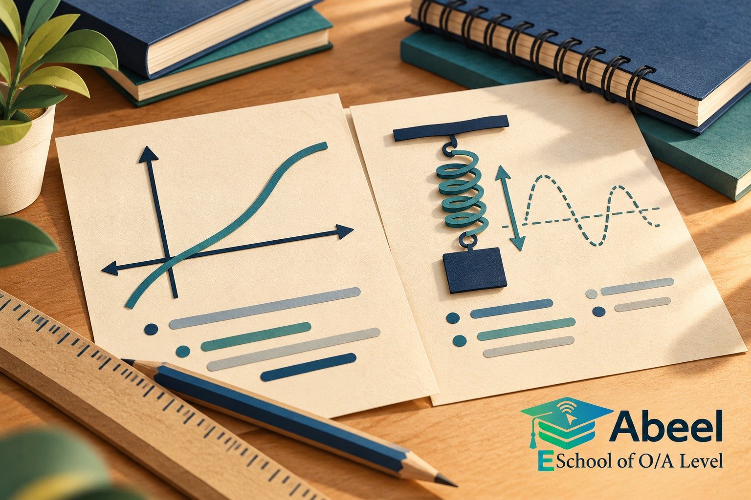 Paper-cut study illustration accompanying A Level Physics graphs and algebra in Hub: Check the Same Physics in Three Representations